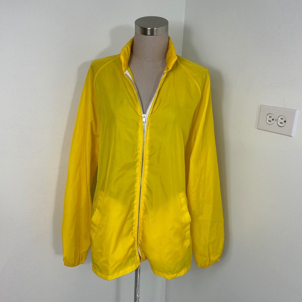 Vintage Sears Lightweight Nylon Jacket Hood Full Zip Bright Yellow L Windbreaker